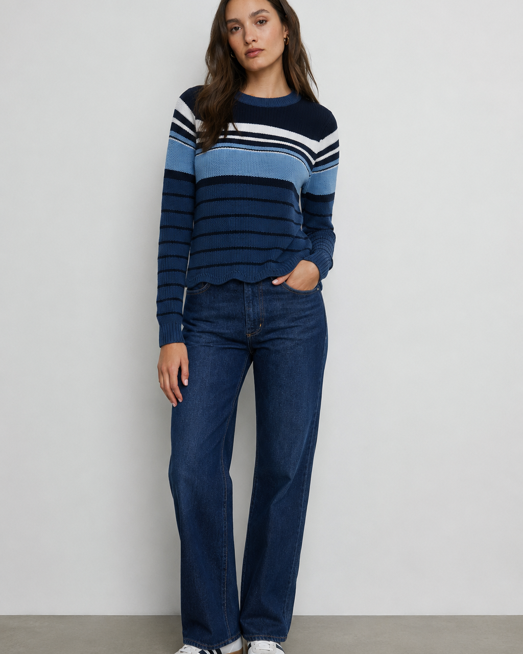 Engineered Stripe Scalloped Shaker Crewneck Sweater