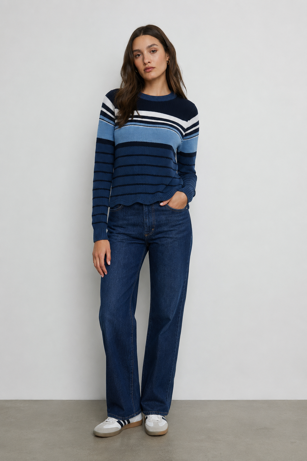 Engineered Stripe Scalloped Shaker Crewneck Sweater