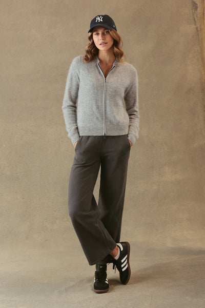 ELYSE FUZZY 2 WAY ZIP CARDIGAN IN HEATHER