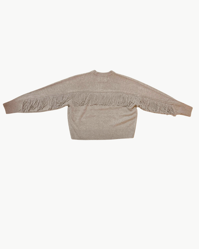 CASHMERE BLEND LUXE FRINGE CREW IN MISTY BROWN HEATHER