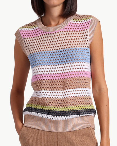 COTTON CASHMERE MESH MUSCLE TANK IN CAMEL MULTI STRIPE