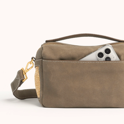 EVAN CROSSBODY SMALL IN PEWTER RAFFIA/BRUSHED GOLD