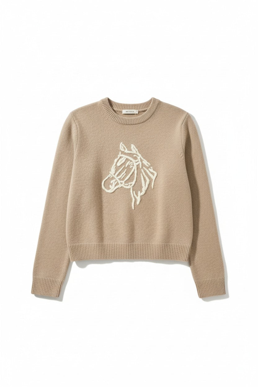 CASHMERE BLEND HORSE EMBROIDERED CREW IN MISTY BROWN/IVORY