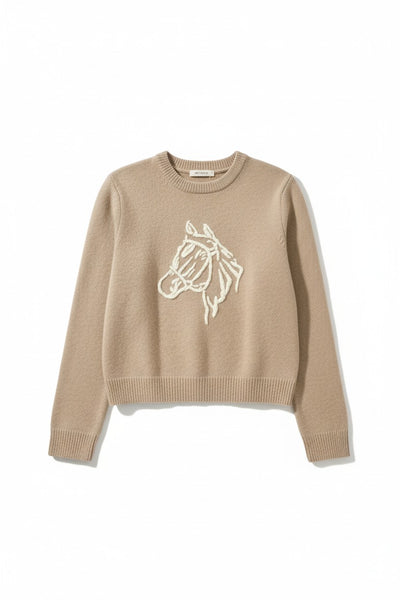 CASHMERE BLEND HORSE EMBROIDERED CREW IN MISTY BROWN/IVORY