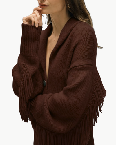CASHMERE BLEND LUXE FRINGE COATIGAN IN COCO - Romi Boutique