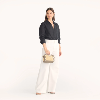 EVAN CROSSBODY SMALL IN PEWTER RAFFIA/BRUSHED GOLD