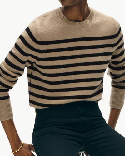 CASHMERE STRIPED CREWNECK IN KHAKI/BLACK