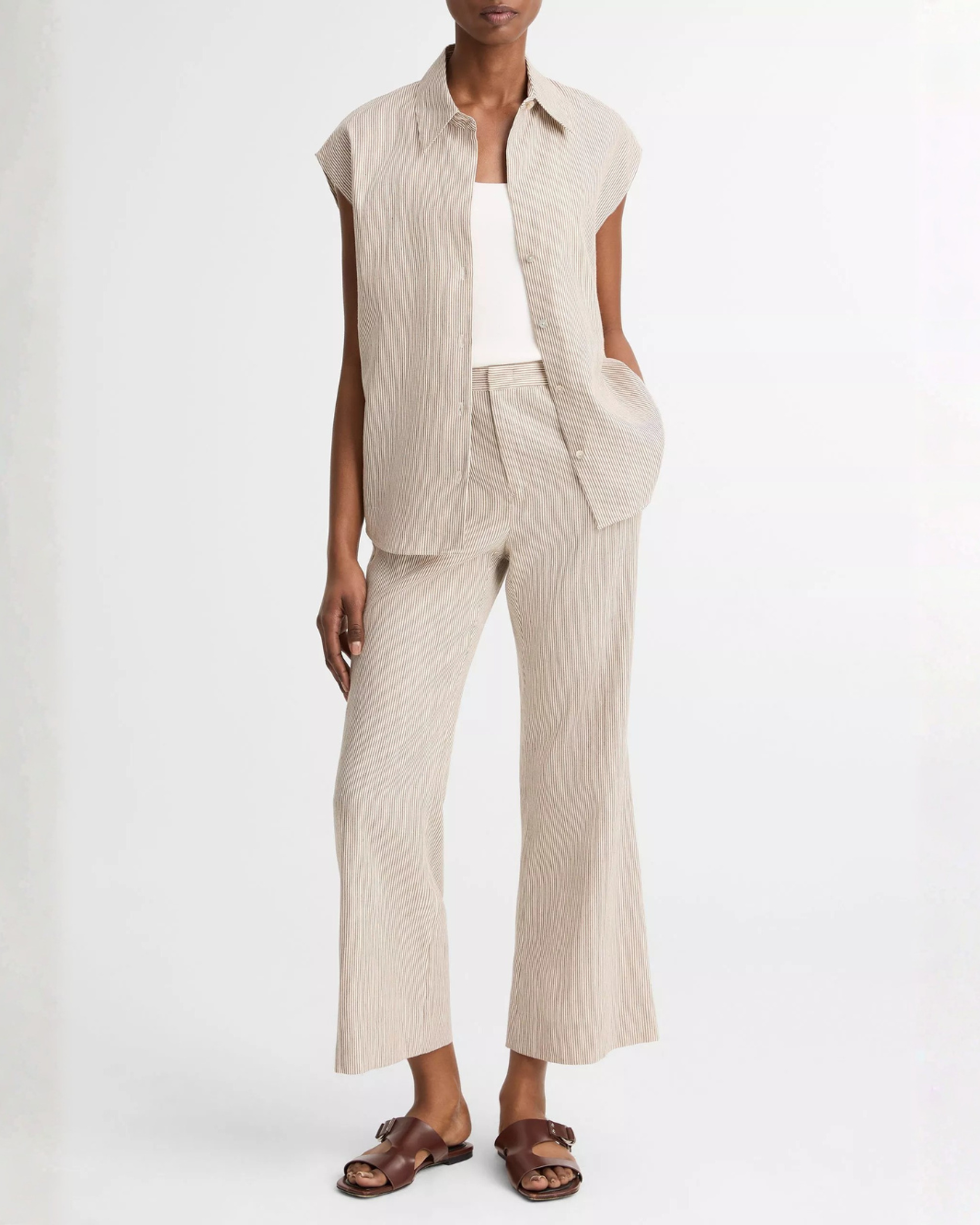 Vince Ticking Stripe Linen-Cotton Low-Rise Crop Flare Trouser at Romi Boutique