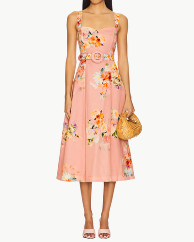 MIDI DRESS WITH BUCKLE BELT IN PEACH FLORAL