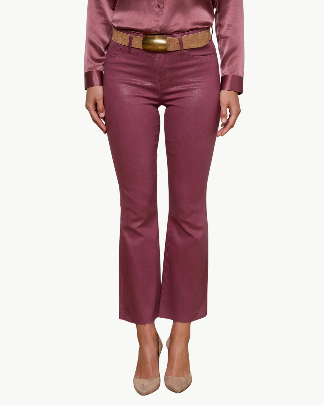KENDRA CROPPED FLARE IN DEEP MAUVE COATED - Romi Boutique