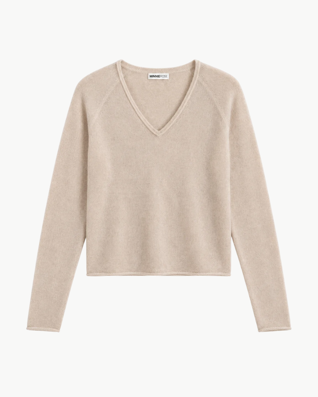 Minnie Rose Sheer Luxury Cashmere Long Sleeve V Neck with Rolled Trims at Romi Boutique