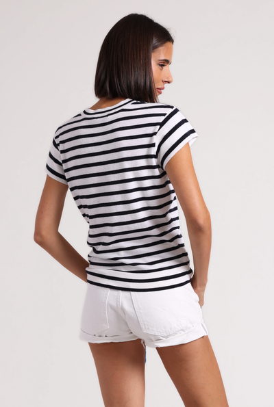 SUPIMA COTTON CASHMERE STRIPED CREW IN WHITE/NAVY