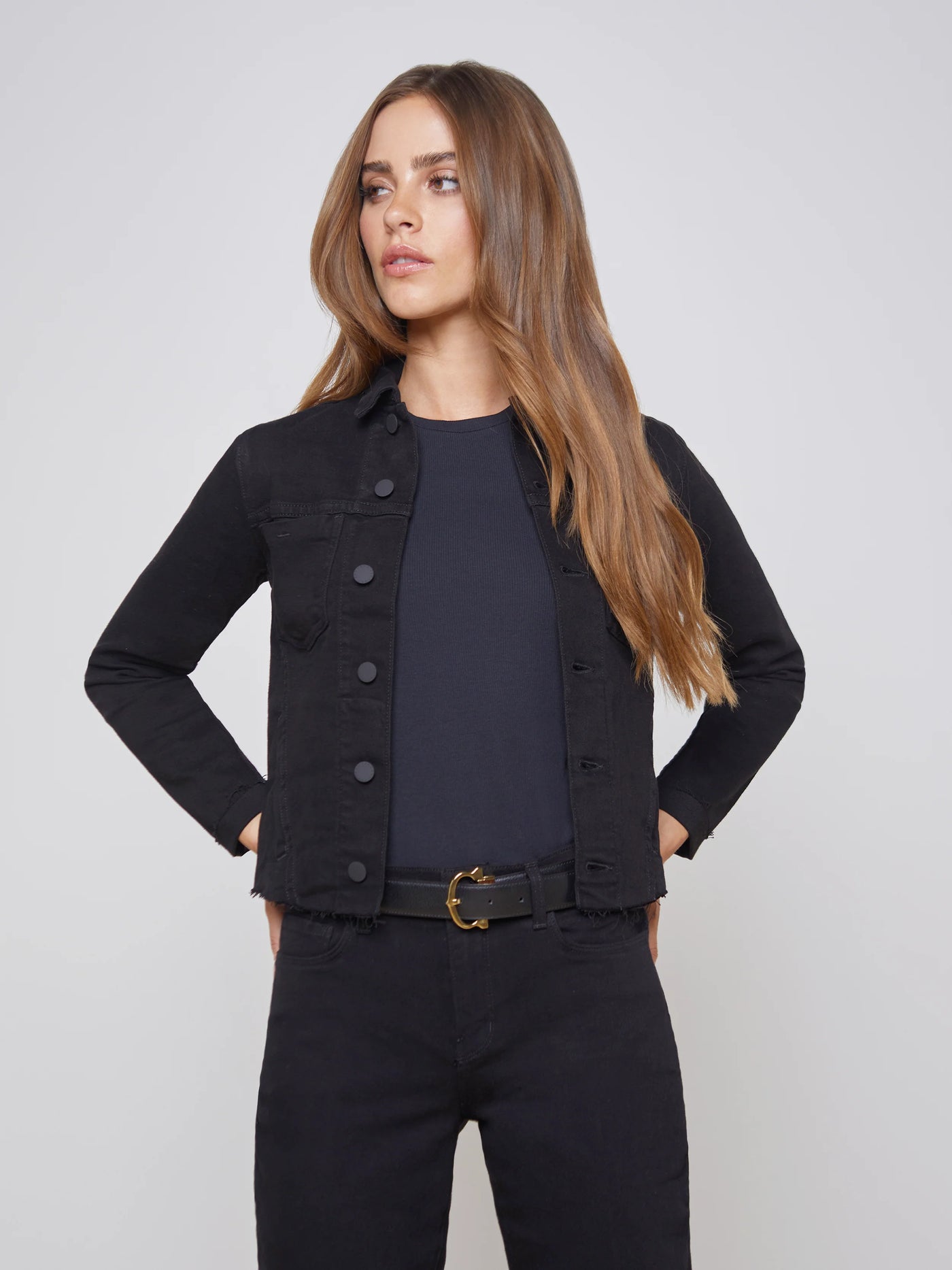 JANELLE SLIM RAW JACKET IN SATURATED BLACK - Romi Boutique