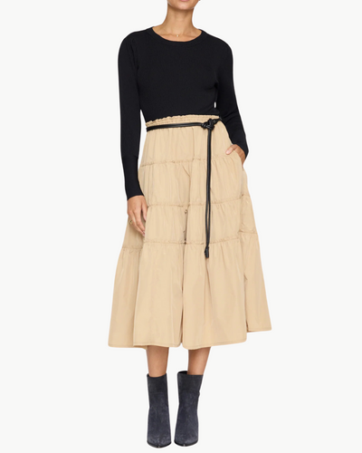 AVA TIERED DRESS IN CAMEL COMBO