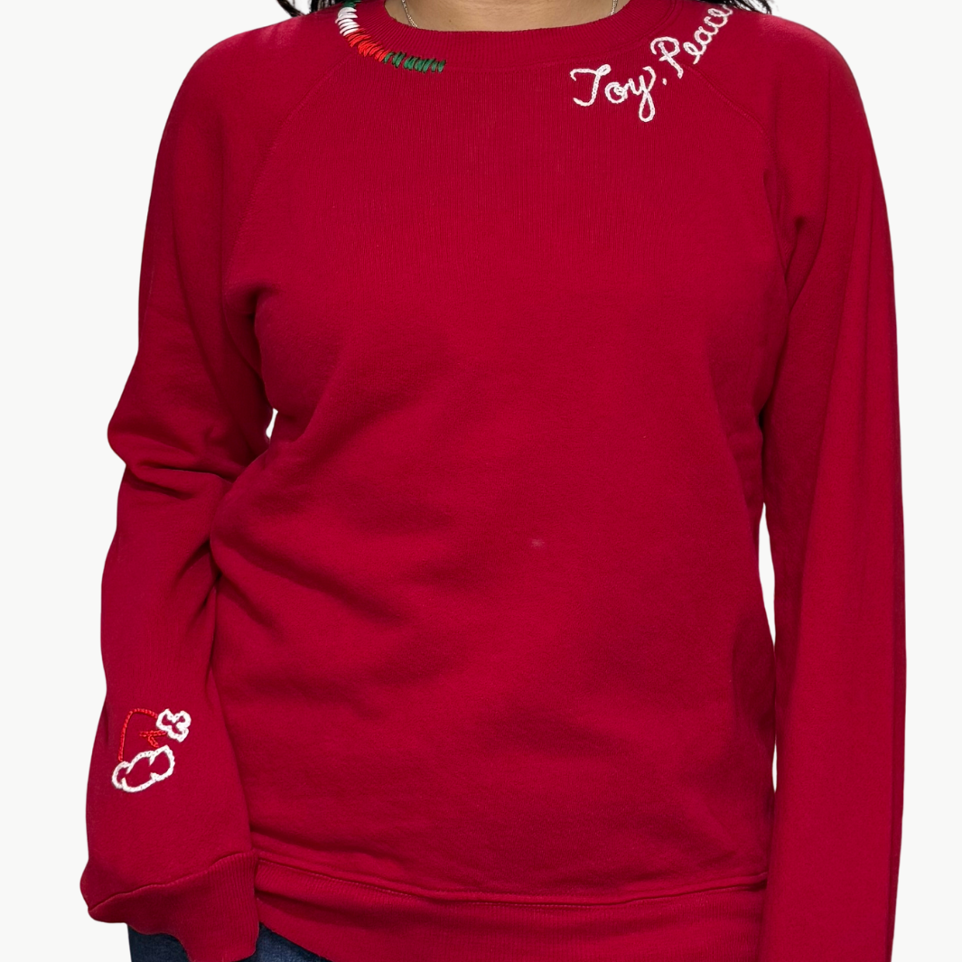 I Stole My Boyfriend's Shirt JOY, PEACE, & LOVE SANTA CREW SWEATSHIRT IN RED at Romi Boutique