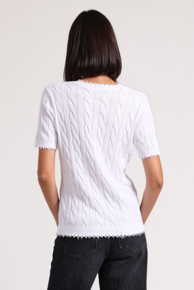 COTTON FRAYED CABLE V NECK TEE IN WHITE