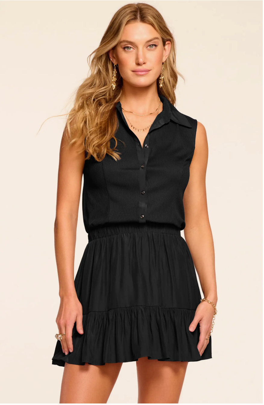 ODETTE RIBBED COMBO MINI DRESS IN BLACK