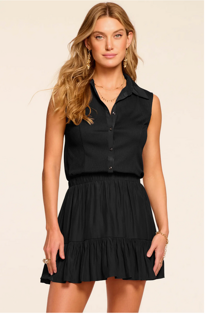 ODETTE RIBBED COMBO MINI DRESS IN BLACK