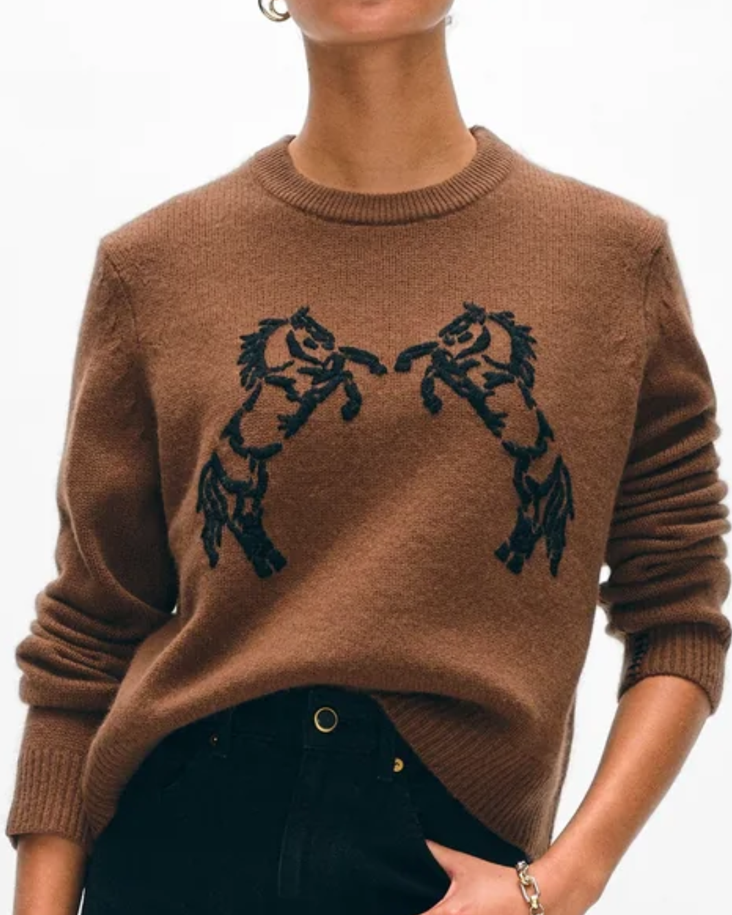 White & Warren CASHMERE BLEND HORSE EMBROIDERED CREW at Romi Boutique
