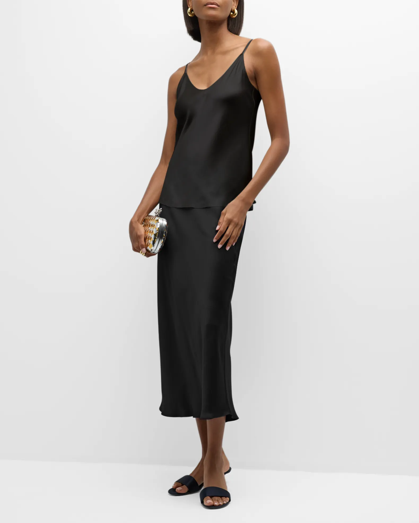 GLORIA V-NECK BIAS CUT SILK CAMI IN BLACK