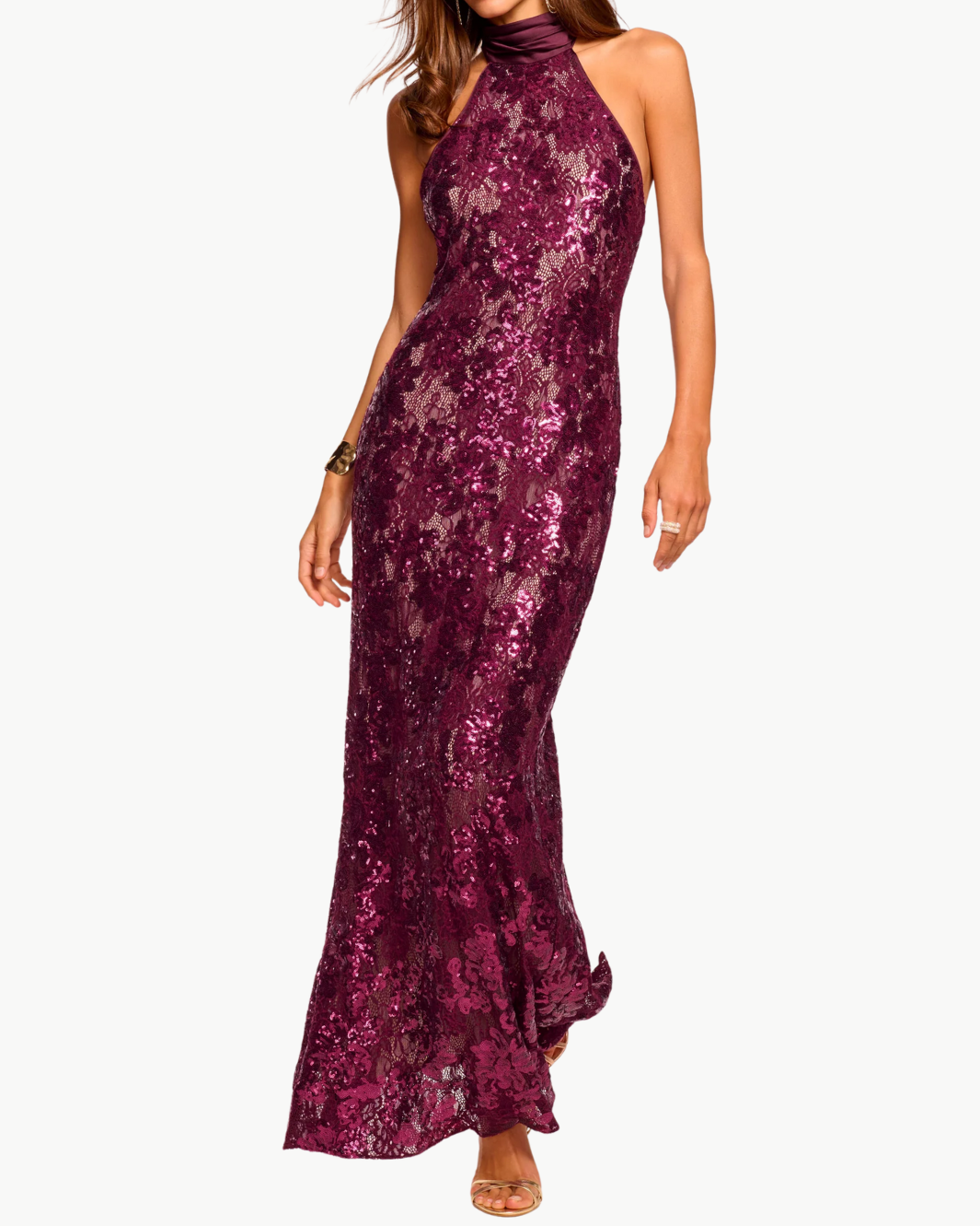TATIANA SEQUIN LACE HALTER GOWN IN BLACKBERRY - Romi Boutique