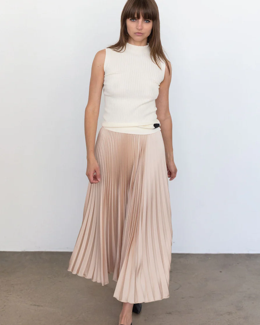 CLASSIC SATIN SKIRT IN TAUPE - Romi Boutique