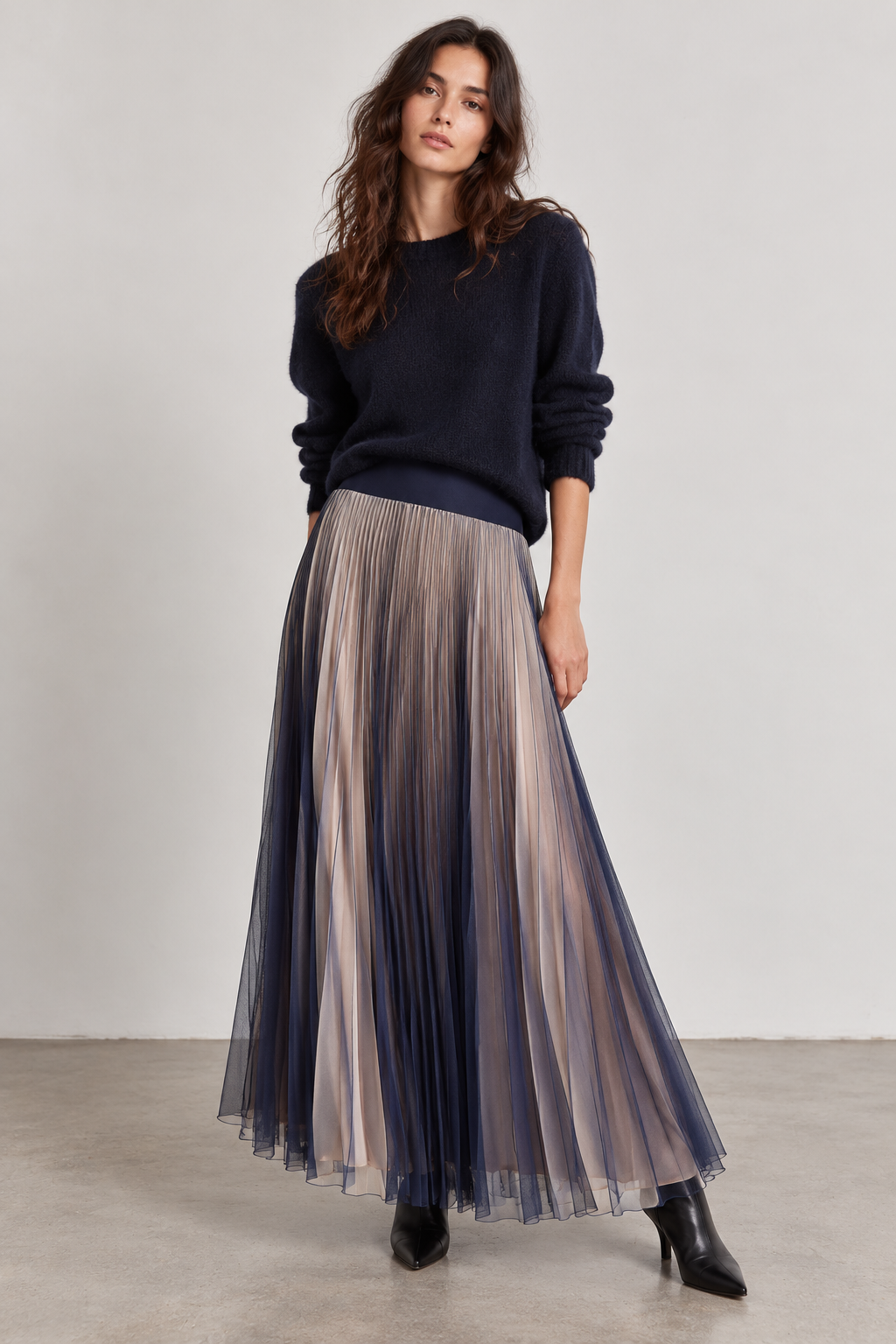 Classic Satin Skirt with Blue Mesh Overlay