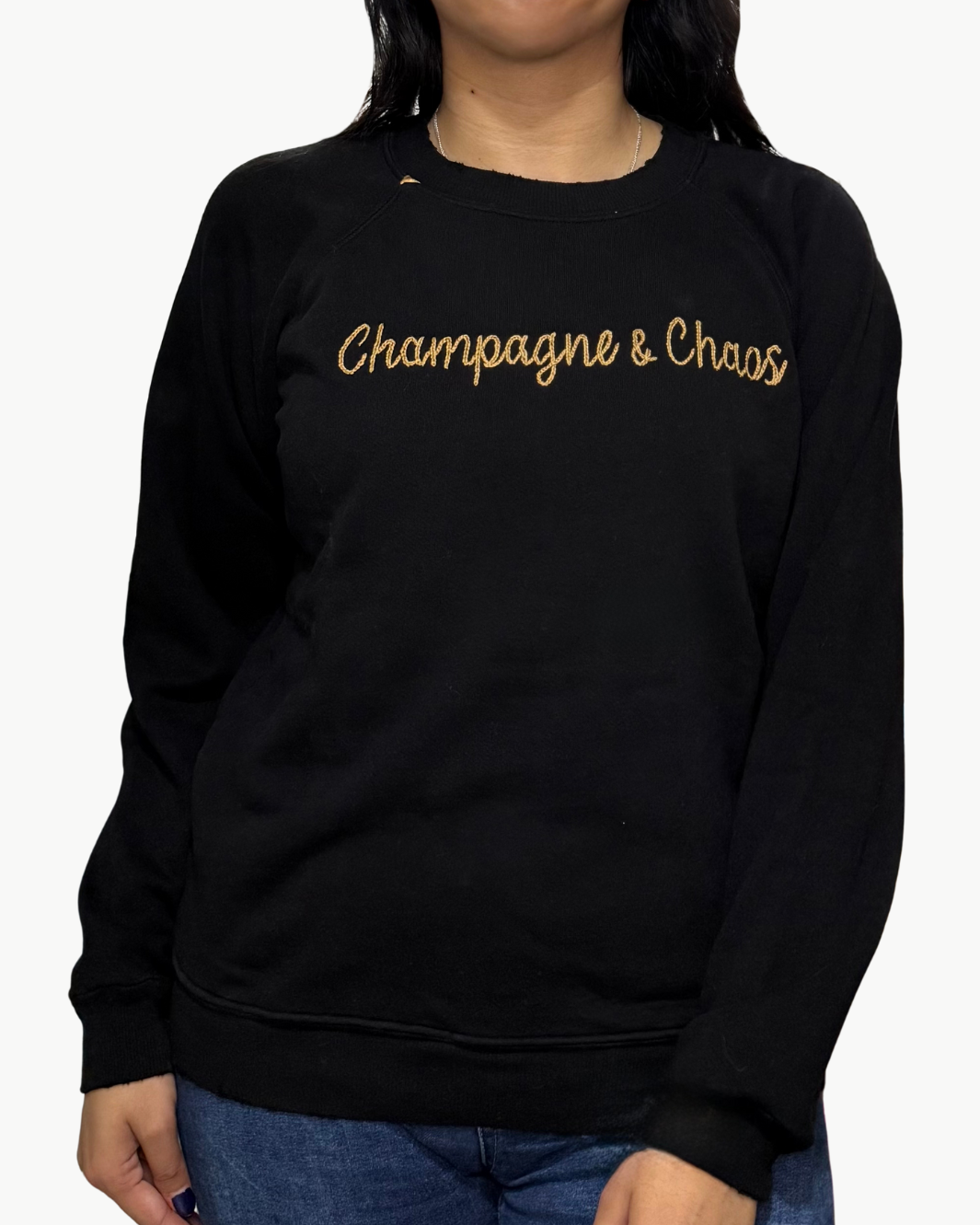 CHAMPAGNE & CHAOS CREW SWEATSHIRT IN BLACK/GOLD