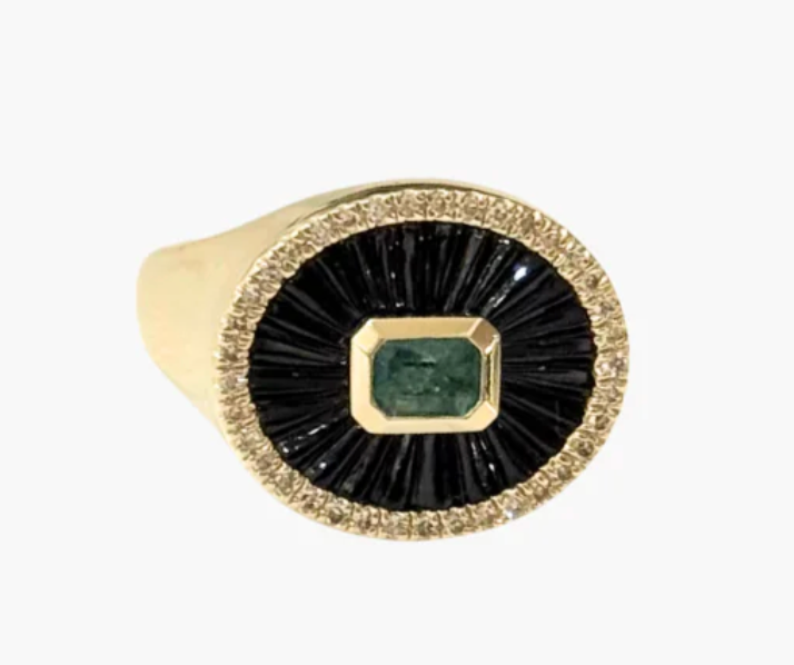 Lumilla Onyx, Diamond & Emerald Pinkie Ring at Romi Boutique