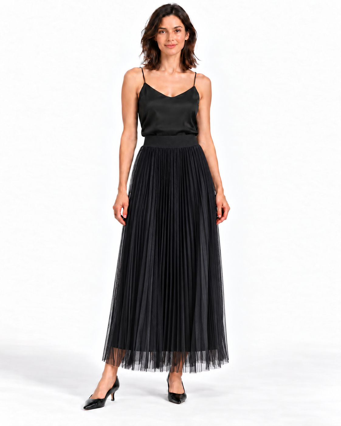 Classic Satin Skirt with Mesh Overlay