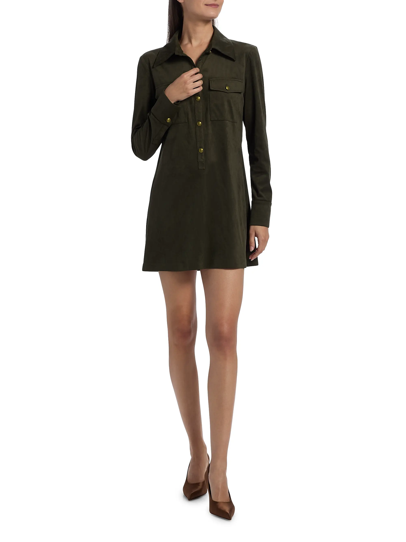 MARIA FAUX SUEDE MINI DRESS IN DEEP OLIVE