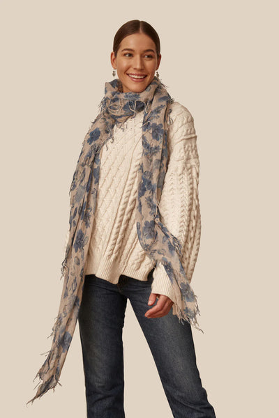 FRENCH FLORAL CASHMERE AND SILK SCARF IN JET STREAM