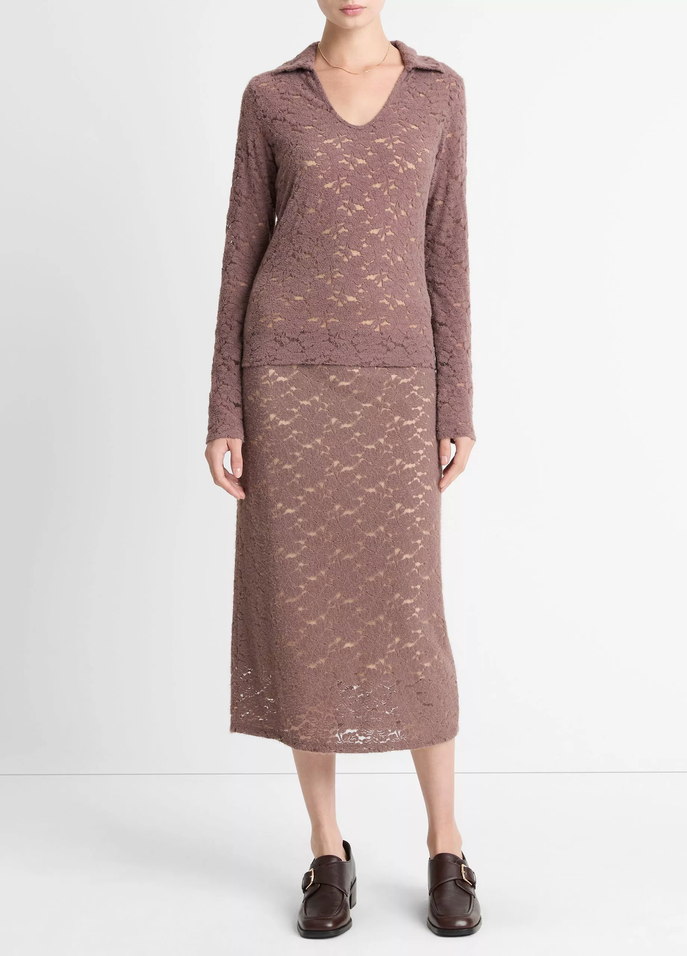 LACE LONG SLEEVE POLO TOP IN SMOKY BERRY