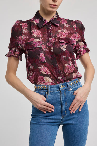 MINA FLORAL GEORGETTE SHIRT IN BURGUNDY FLEUR MULTI