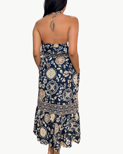 DELIA COTTON SMOCKED HALTER MIDI DRESS IN NEUTRAL MAYA COMBO