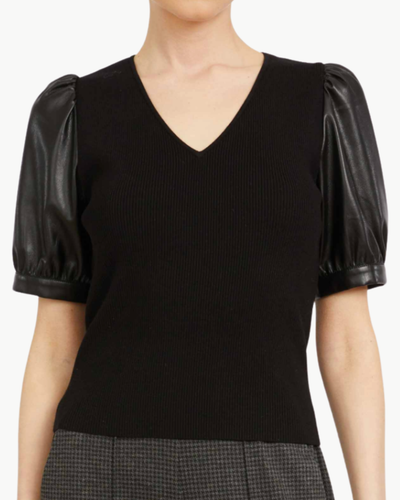 ANDREA TOP W/ VEGAN LEATHER SLEEVES IN BLACK