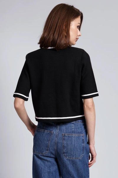 SHORT SLEEVE TIPPED CROPPED JACKET IN BLACK/WHITE - Romi Boutique