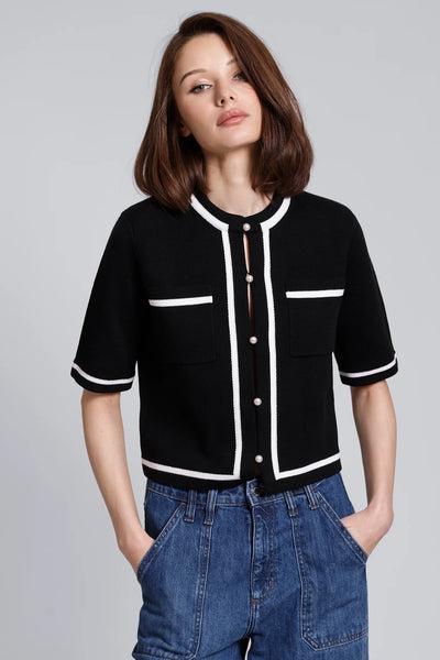SHORT SLEEVE TIPPED CROPPED JACKET IN BLACK/WHITE - Romi Boutique