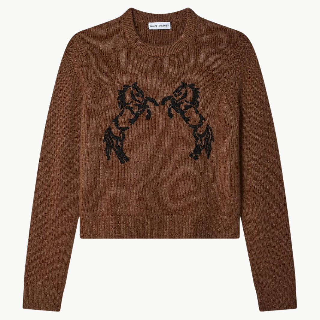 White & Warren CASHMERE BLEND HORSE EMBROIDERED CREW at Romi Boutique