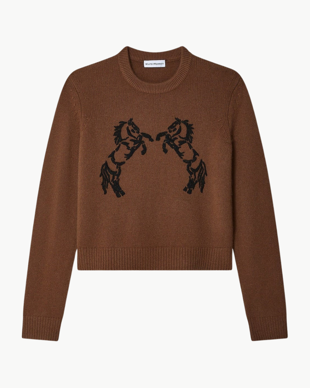 White & Warren CASHMERE BLEND HORSE EMBROIDERED CREW at Romi Boutique