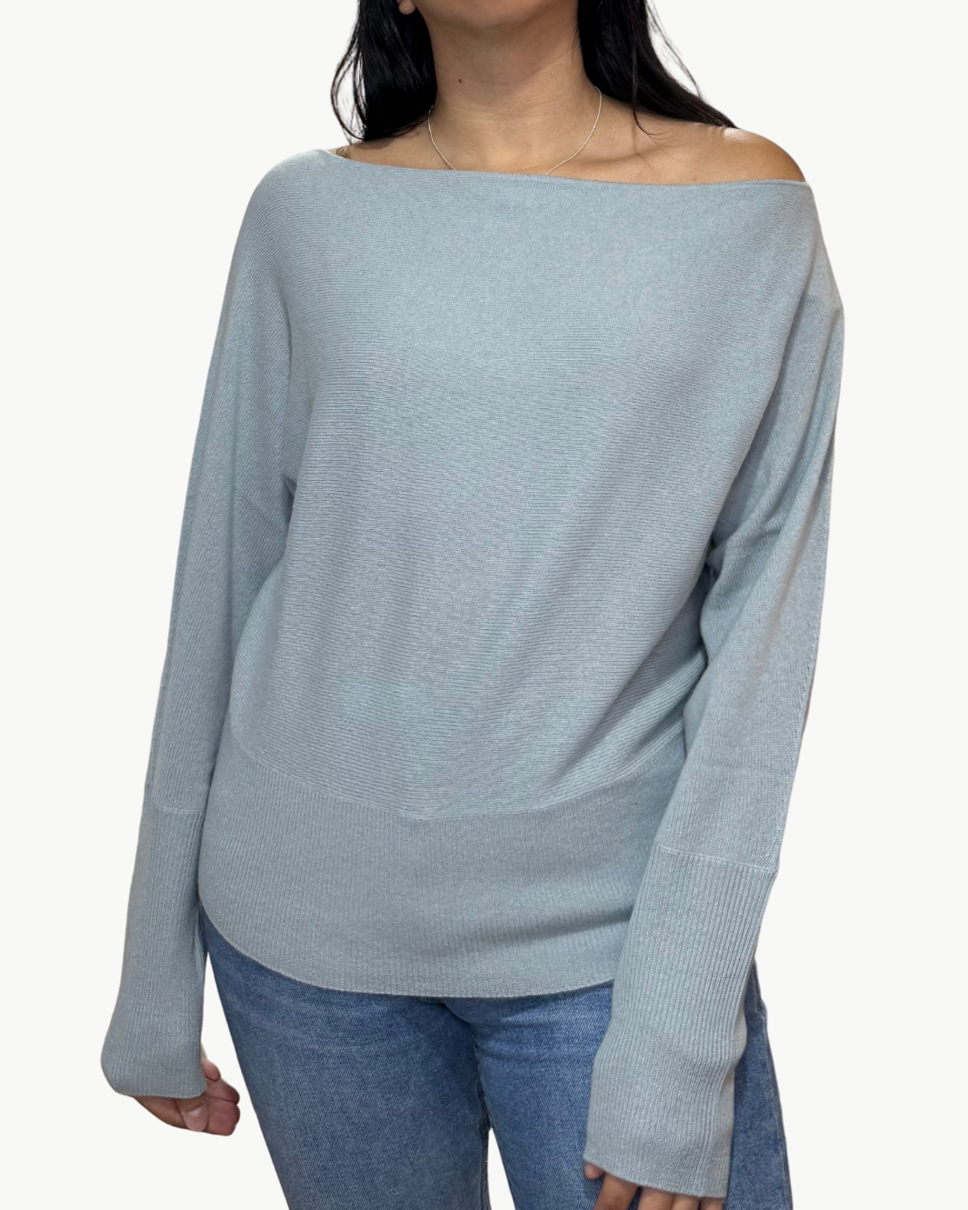 MIMI OFF-THE-SHOULDER SWEATER IN PALE BLUE