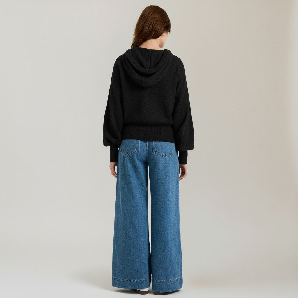 HILARY RHINESTONE DRAWSTRING CASHMERE HOODIE IN BLACK