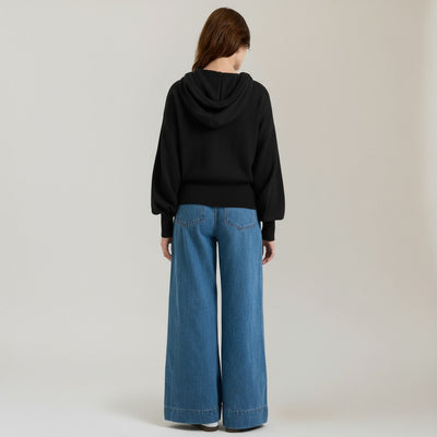 HILARY RHINESTONE DRAWSTRING CASHMERE HOODIE IN BLACK