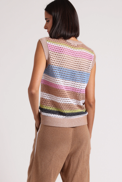 COTTON CASHMERE MESH MUSCLE TANK IN CAMEL MULTI STRIPE