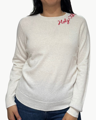 HOLLY JOLLY CASHMERE CREW IN WHITE/RED