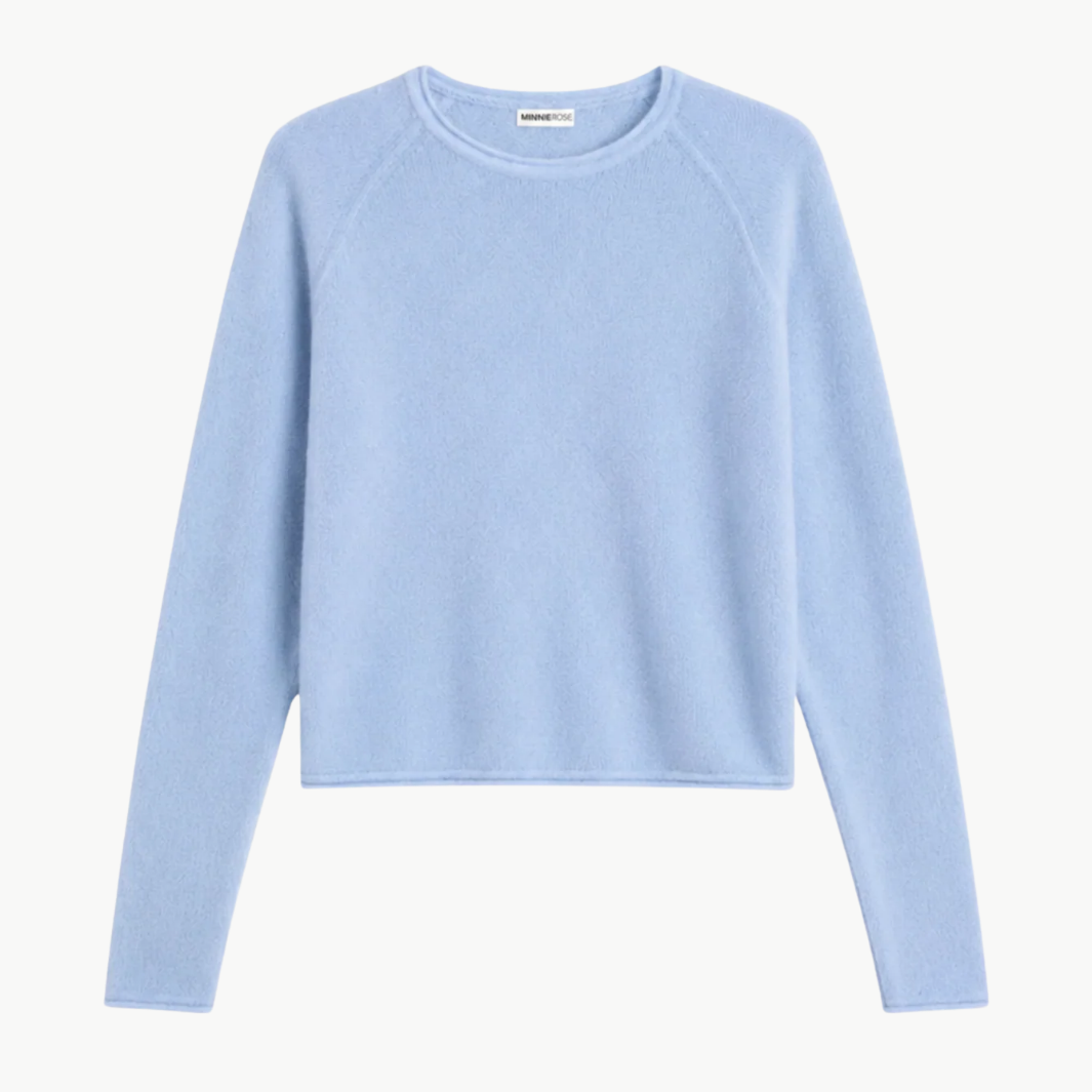 Minnie Rose Sheer Luxury Cashmere Raglan Crew with Rolled Trims at Romi Boutique