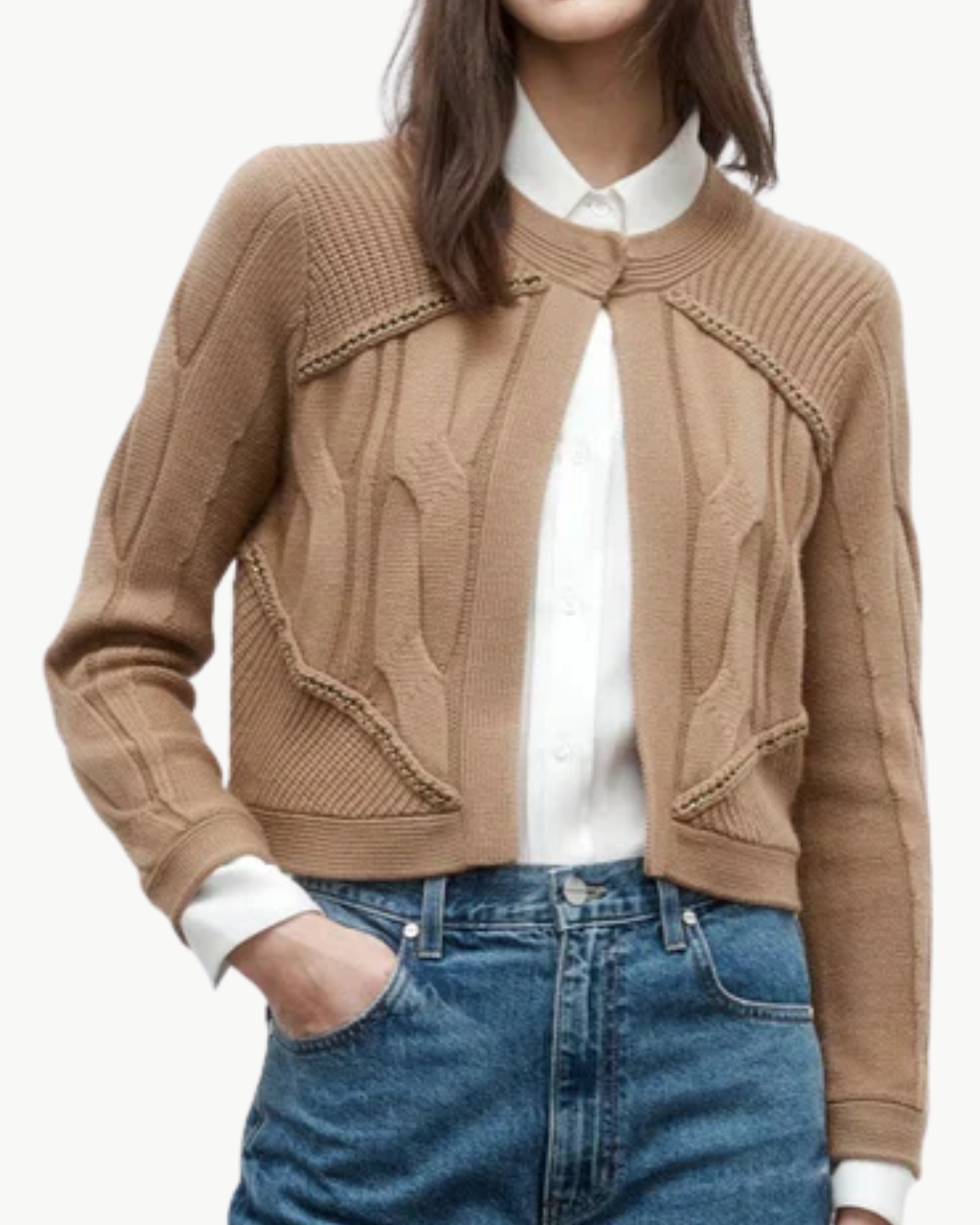 CHAIN SWEATER JACKET IN CAMEL - Romi Boutique