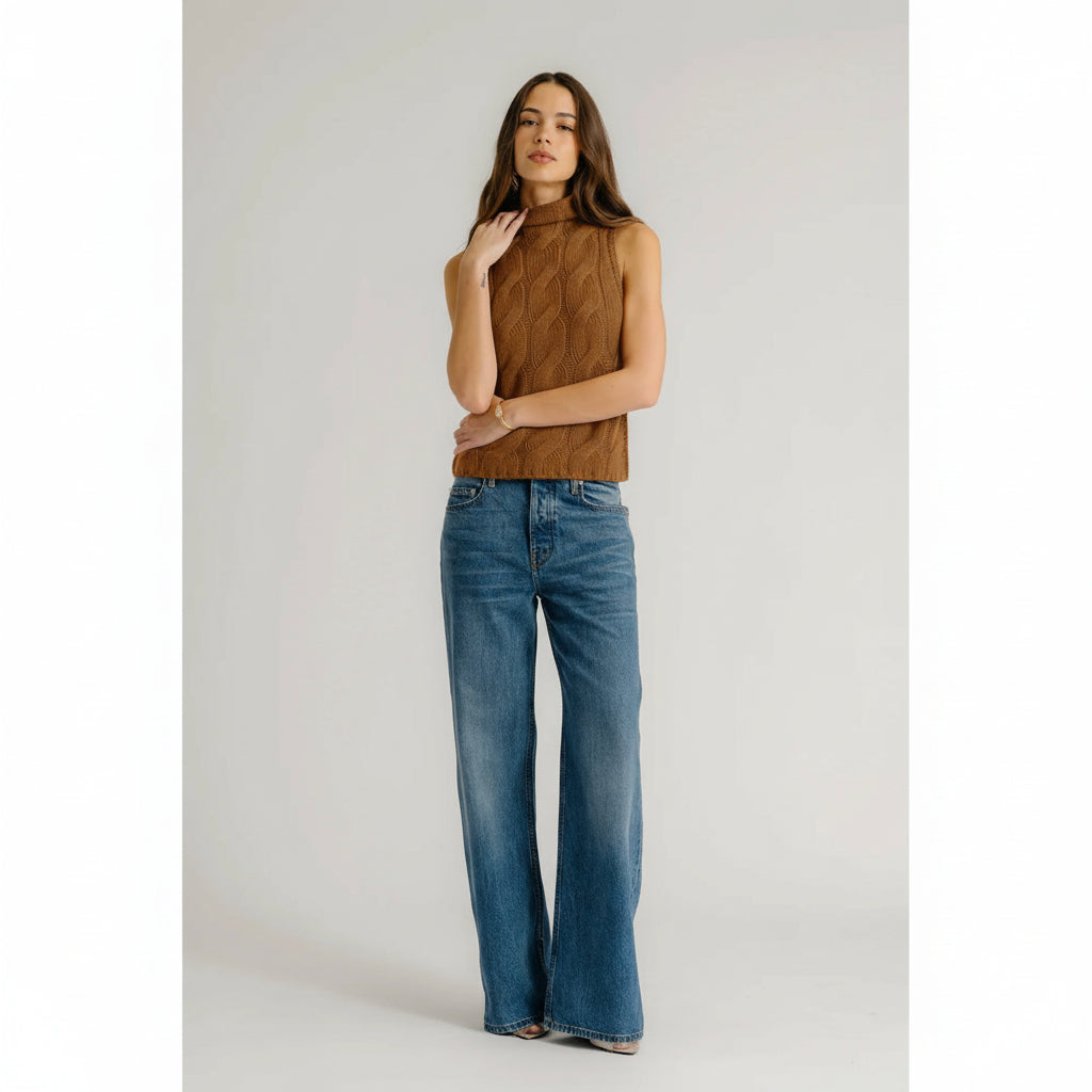 SALVIA SLEEVELESS CASHMERE CABLE TURTLENECK IN TOBACCO - Romi Boutique