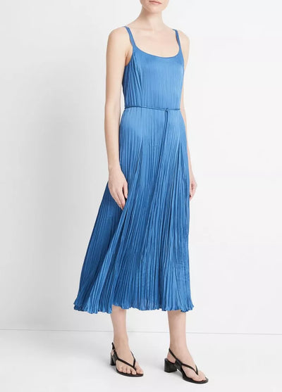 CRUSHED RELAXED SLIP DRESS IN CADET BLUE - Romi Boutique