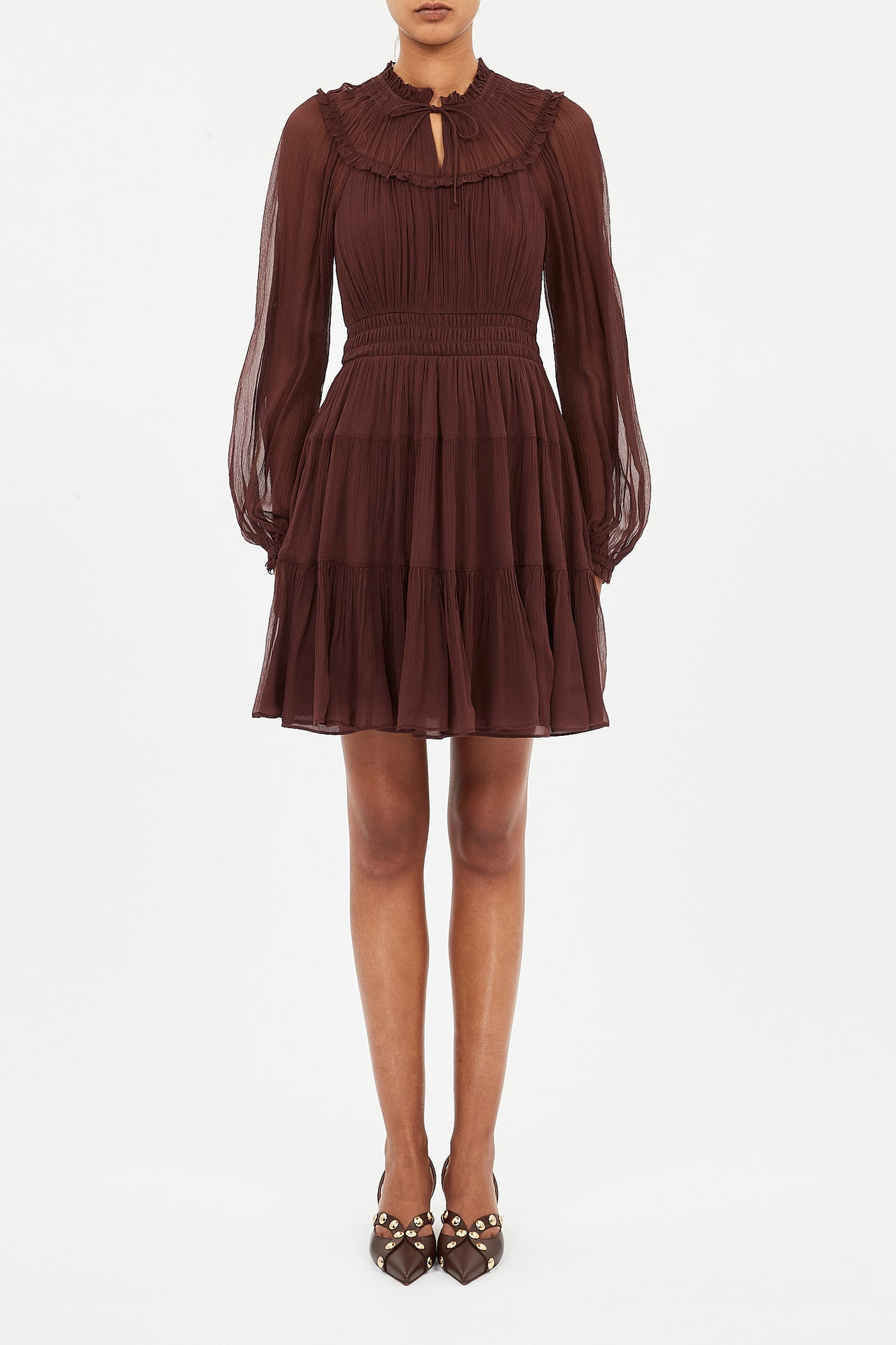 AVA SILK LONG SLEEVE MINI DRESS IN MAHOGANY